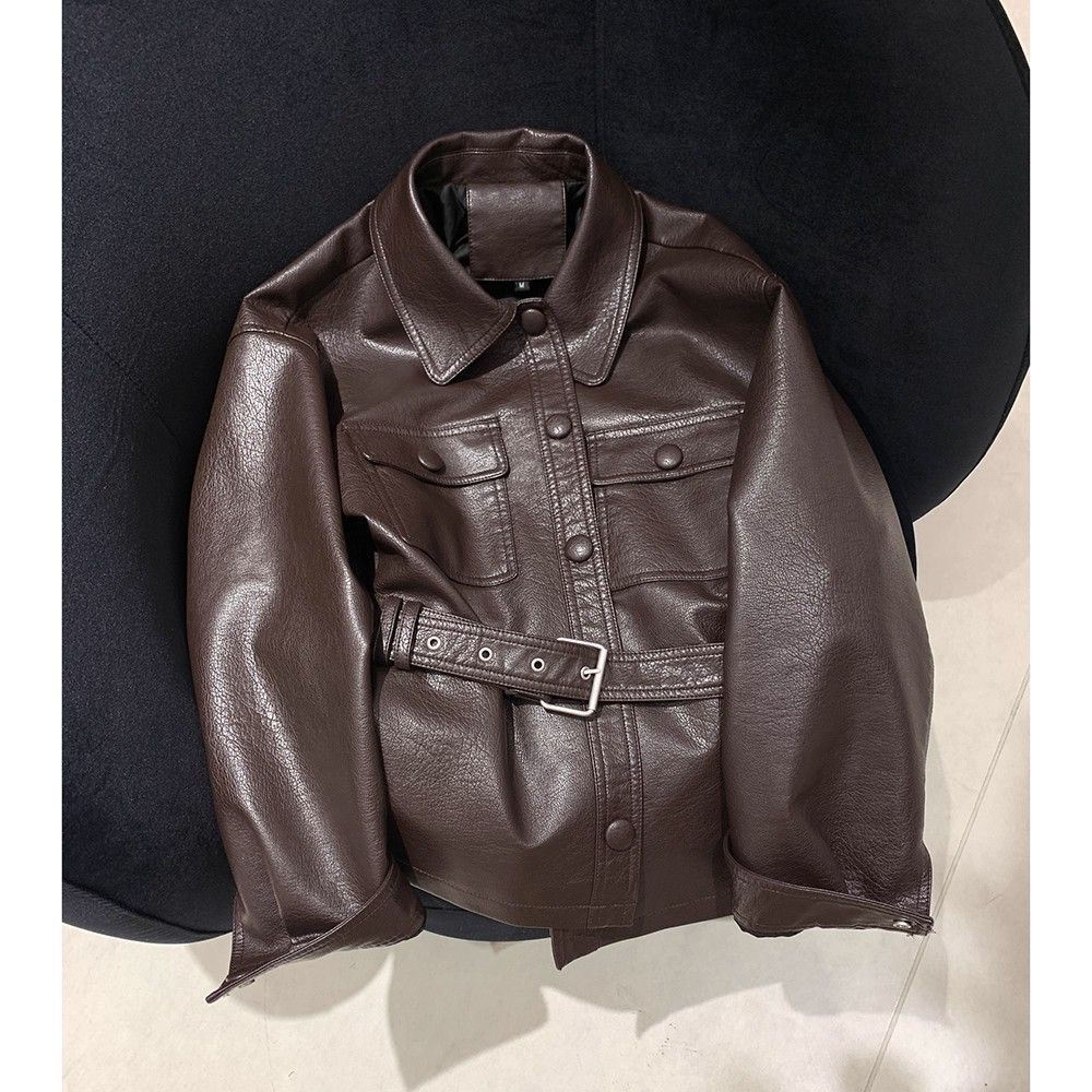 2025 Short Waist-Cinching Haining Leather Jacket Lace-Up Slim Leather Jacket Women's Spring and Autumn New Hot Style