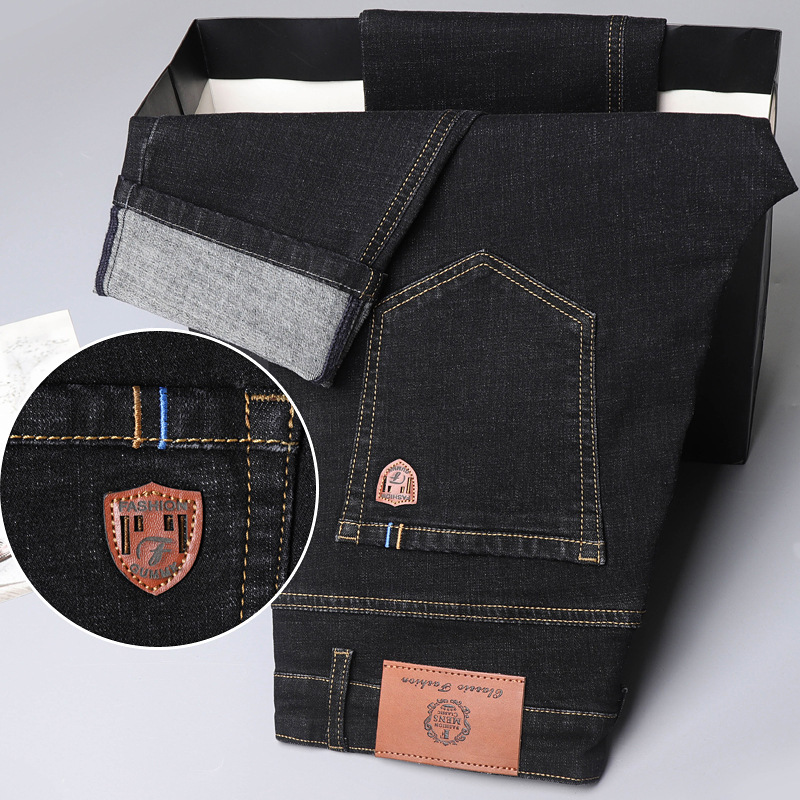 Men's Clothing Autumn And Winter Plus Velvet Jeans Loose Straight Business Casual Warm Thick Pants _voghion.com