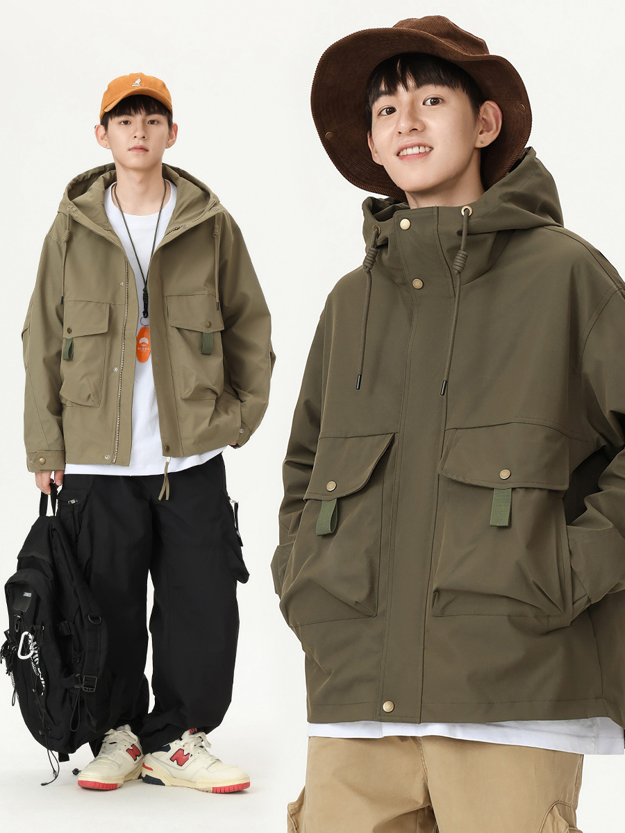 Rumeng otoño nuevo japonés funcional ropa de trabajo chaqueta suelta de los hombres al aire libre con capucha chaqueta a prueba de viento de los hombres de moda