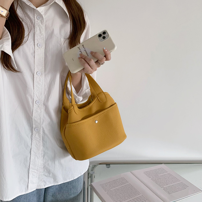 Geantă de mână coreeană Instagram New Basket Bag simplă și la modă din piele moale texturată crossbody găleată bag pentru femei_voghion.com