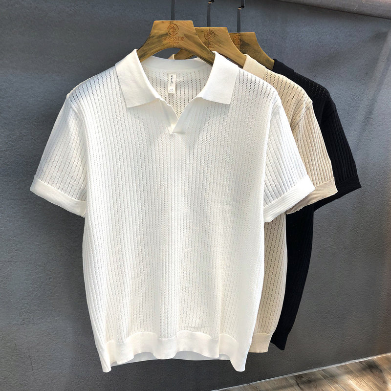 Old Money Style Polo Shirt Short-Sleeved Knitwear Men's V-Neck Seagull Collar Hollow Texture T-Shirt Summer Cross-Border Factory Wholesale Old Money Style Polo Shirt Short-Sleeved Knitwear Men's V-Neck Seagull Collar Hollow Texture T-Shirt Summer Cross-Border Factory Wholesale