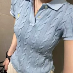 【精梳棉】2026春夏新款针织翻领POLO领绞花短袖套头百搭针织衫女