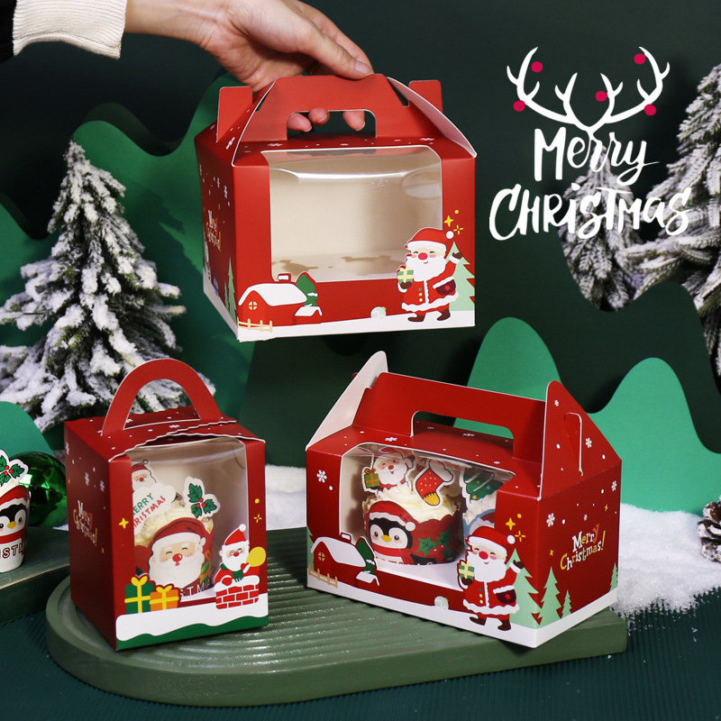 2021圣诞节手提马芬盒杯子纸杯蛋糕包装盒单个马芬杯4粒6甜品礼盒