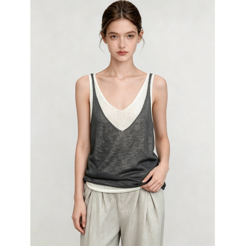 Summer Two-Piece V-Neck Knitted Vest for Women, Loose and Relaxed Old Money Style Top