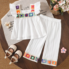 2025夏季新款1-3岁婴幼女童宽飞袖针织刺绣拼接上衣阔腿裤两件套