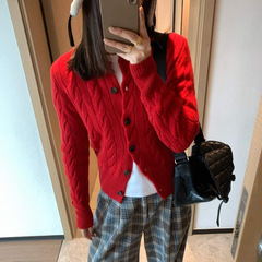 091505 秋季新款女士复古麻花休闲百搭针织开衫软糯气质简约毛衣
