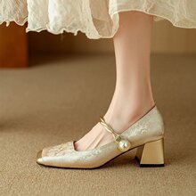 春季高跟鞋女一字带单鞋新中式国风拼色方头玛丽珍鞋法式珍珠粗跟
