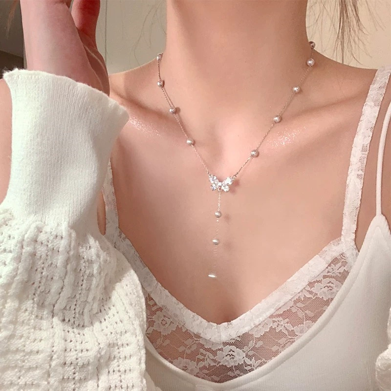 小红书推荐曼塔玫瑰闪锆蝴蝶珍珠项链女轻奢小众高级感颈链配饰锁|undefined