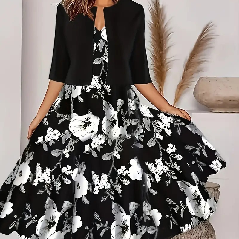 2024 European and American Amazon autumn new women's long dress two-piece set flowers and plants printed round neck dress coat for women