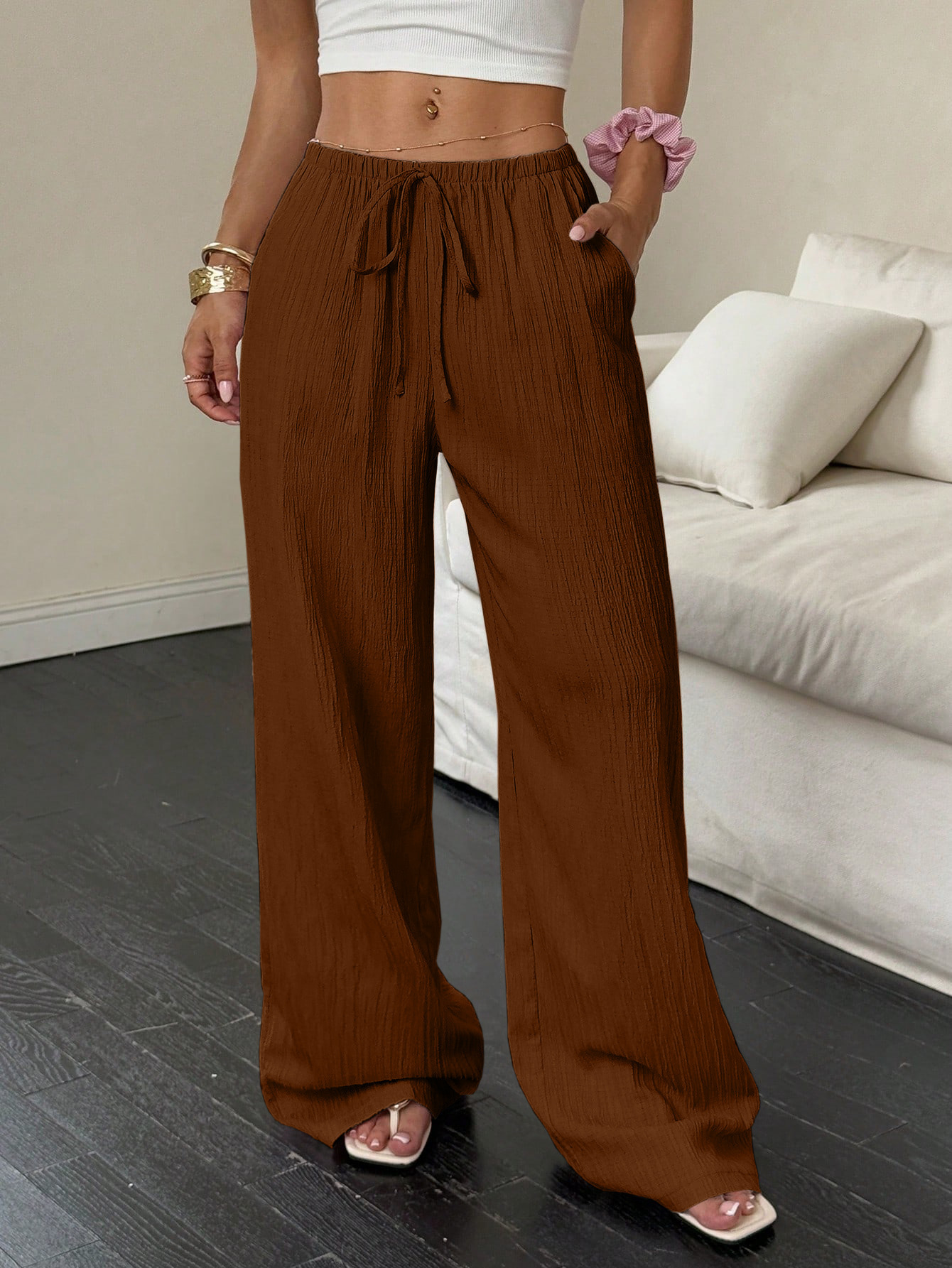 Damen Weithosen Freizeithose Mit Knotentaille Strukturstoff_voghion.com