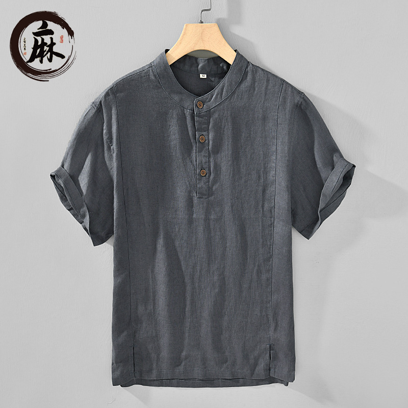 H002 New Summer Style 100% Linen Material Lapel Short-Sleeved Polo Shirt for Men Chinese Style Pure Linen Breathable and Comfortable H002 New Summer Style 100% Linen Material Lapel Short-Sleeved Polo Shirt for Men Chinese Style Pure Linen Breathable and Comfortable