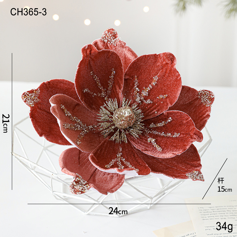 新品24CM粘粉植绒圣诞花玉兰花高档轻奢布艺圣诞节装饰品仿真花|undefined