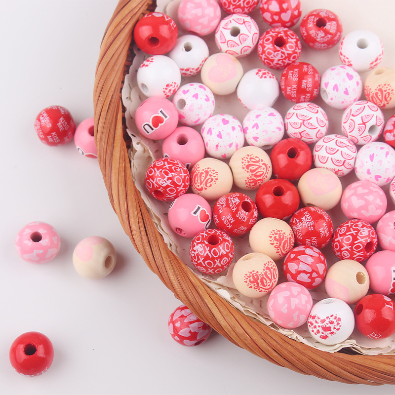 Productos para bebés Dibujos animados Madera Día de San Valentín 16mm Cuentas de madera DIY Creativa Cadena de chupete Pulsera Pulsera Pequeño accesorio