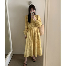 实拍实价！早春甜美田园气质v领抽绳收腰长袖碎花连衣裙现货