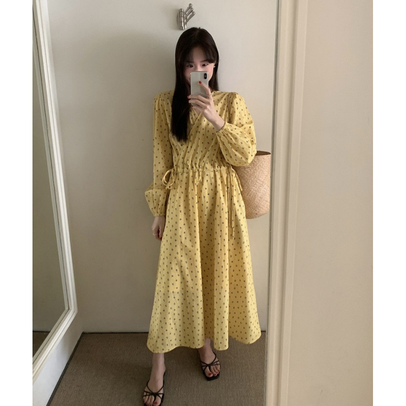 实拍实价！早春甜美田园气质v领抽绳收腰长袖碎花连衣裙现货