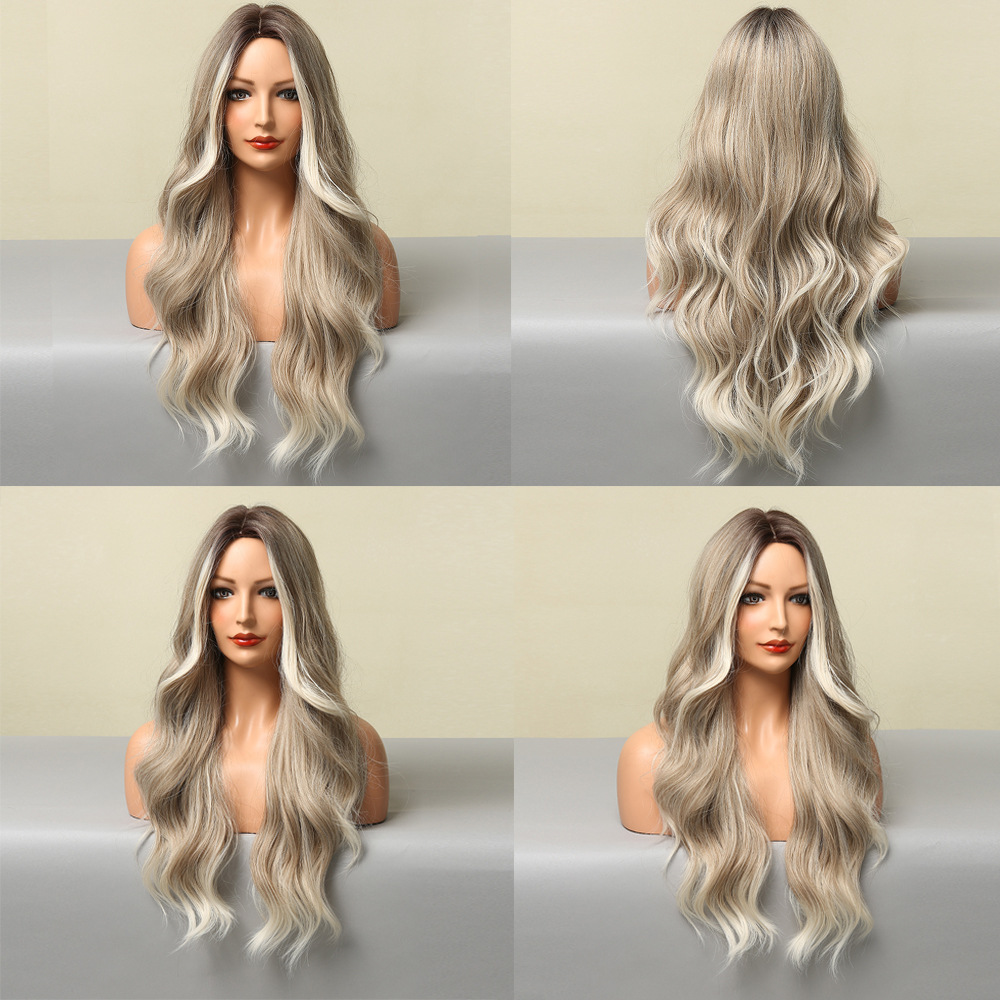 Synthetische Perücke für Damen, langes lockiges Haar mit Farbverlaufsfärbung auf dem Kopf, großes Wellen-Stirnband, Hochtemperatur-Seiden-Rosennetz_voghion.com