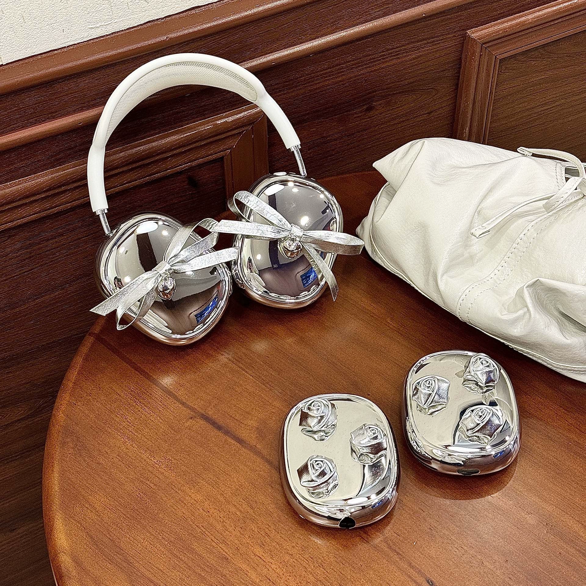 Silver Rose Bow Suitable for AirPods Max2 Protective Cover Apple Head-Mounted Ear Caps Earmuffs Earphone Shell