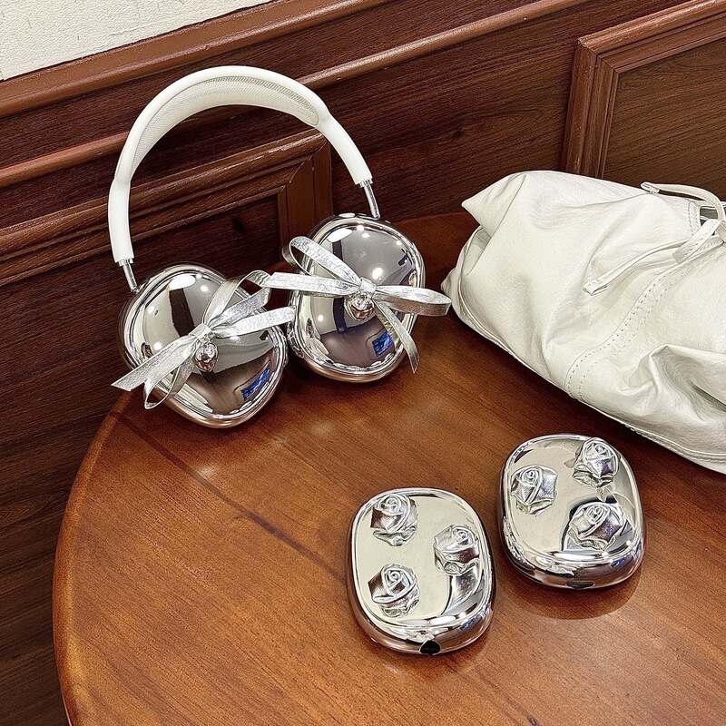 Silver Rose Bow Suitable for AirPods Max2 Protective Cover Apple Head-Mounted Ear Caps Earmuffs Earphone Shell Silver Rose Bow Suitable for AirPods Max2 Protective Cover Apple Head-Mounted Ear Caps Earmuffs Earphone Shell