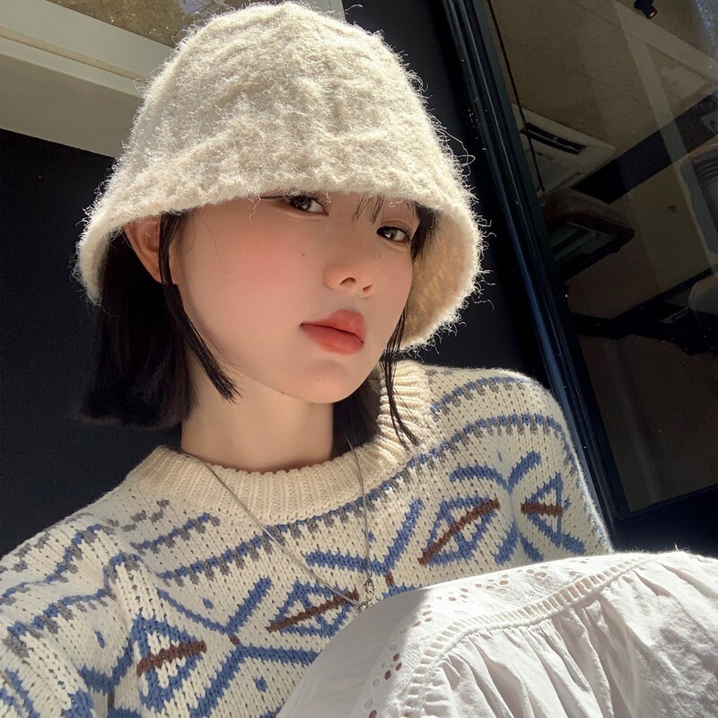 复古白色钩花针织渔夫帽女秋冬季大头围显脸小盆帽感水桶帽子|undefined