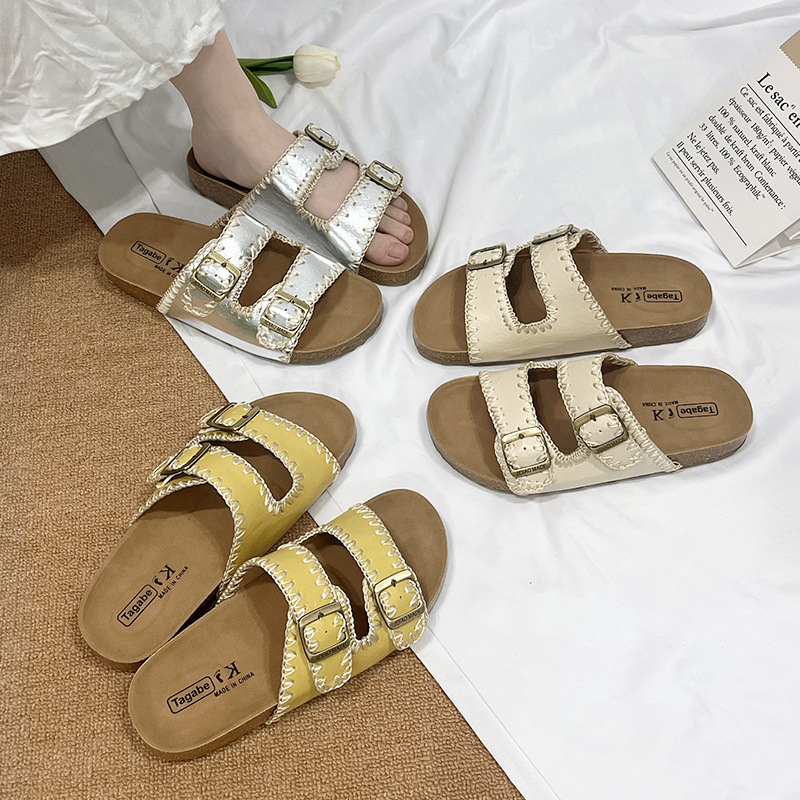 French-Style Thick-Soled Retro Slip-On Sandals for Women, 2025 Summer New Model, Double Buckle Strap, Breathable and Comfortable Outdoor Sandals