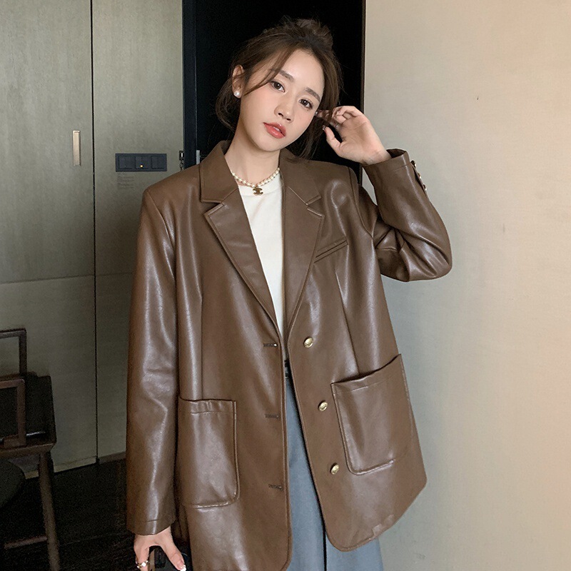 Spring 2023 New Street Retro Fashion PU Leather Casual Suit Jacket Leather Women