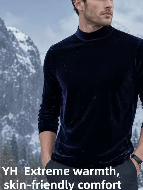 European and American style sexy men's long-sleeve t-shirt, gold velvet high-neck warm versatile top, breathable and fashionable base shirt for men