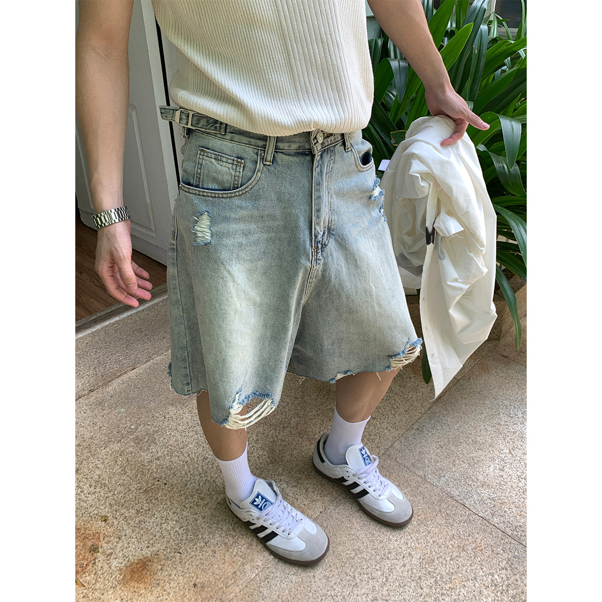 American Style Trendy Brand Summer Old Washed Ripped Denim Short Men's Summer New Style Trendy Casual Loose Pants