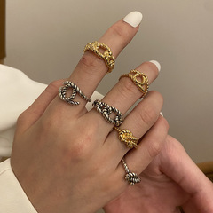 時尚嘻哈女式打結戒指韓版時尚復古麻花幾何型黃金色戒指網紅飾品