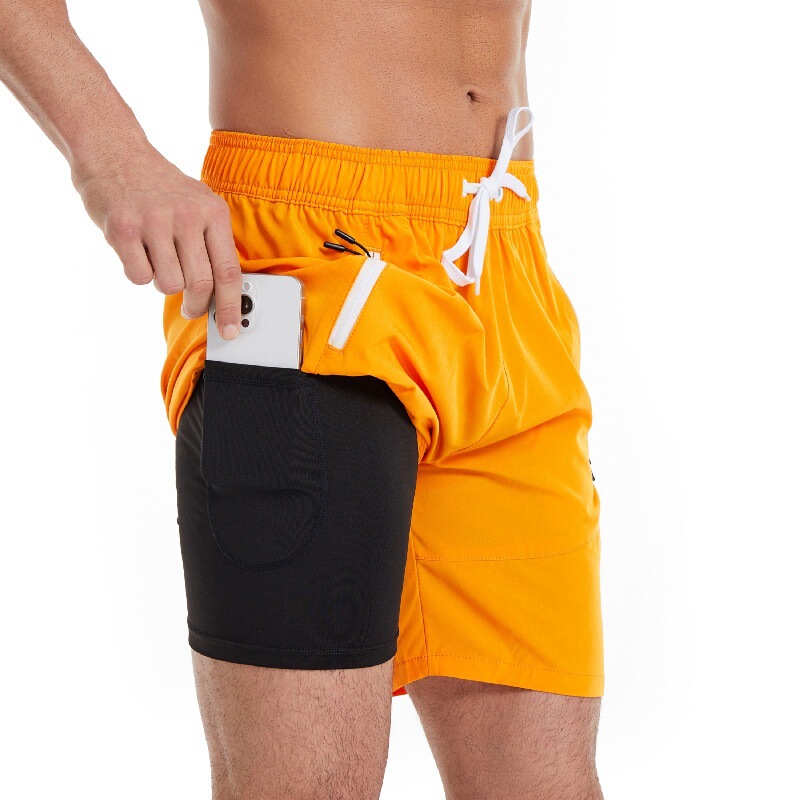 European and American summer men's double-layer two-in-one beach pants solid color running swimming sports four-point shorts quick-drying waterproof European and American summer men's double-layer two-in-one beach pants solid color running swimming sports four-point shorts quick-drying waterproof