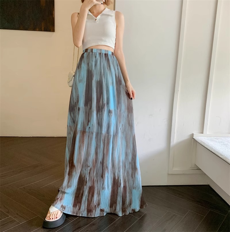 350g Weight Maxi Long Dress Dress Length Type Skirt Dresses Type Spandex, Polyester Fabric Type High Waist Waist Line Micro-Elastic Elasticity Holiday, Daily Occasion Loose Fit Type Printing Pattern Summer, Spring Season Women's Gender Vintage Style, Streetwear Style Blue Color Vintage Tie-Dye Midi Skirt For Women Spring Summer Vacation Style High Waist Slimming A-Line Skirt Draped Long Skirt Niche Flared Skirt Street Style High Street 3