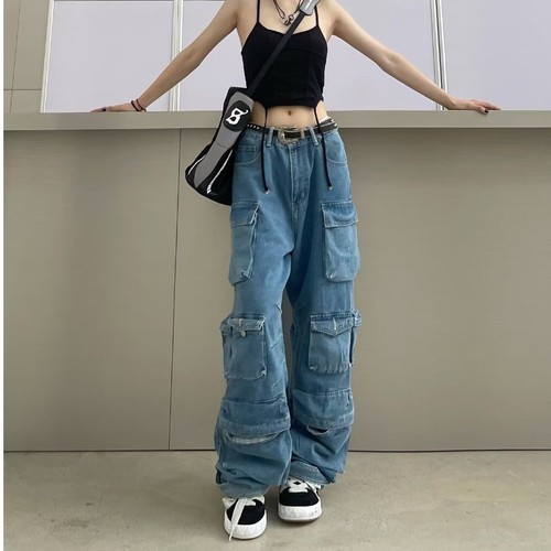 Streetwear Fashion Ash Grey Patchwork Multi-Pocket Work Pants, Street Washed Distressed Long Length Wide Leg Pants