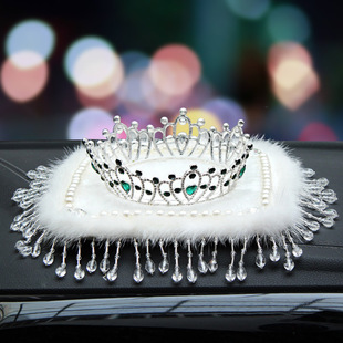 Car Anti-Slip Mat Car Interior Decoration Shiny Green Rhinestone Ornaments Crown Crystal Bead Pendant Feather Storage Mat for Women