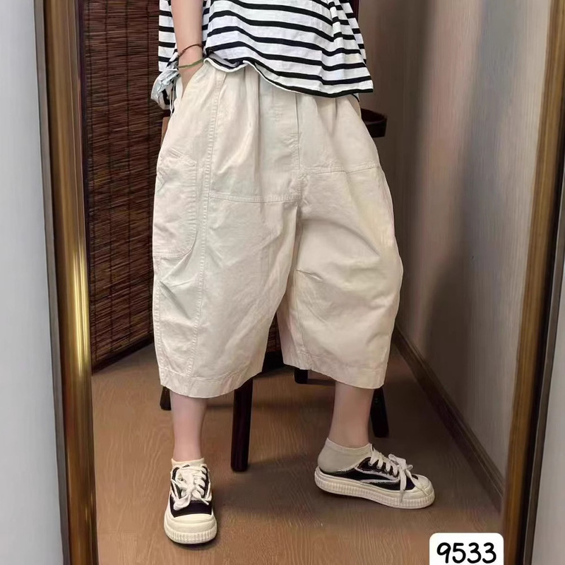 High-Quality Retro Cotton Thin Cropped Pants for Women in Summer, Simple Loose Large Size Elastic Waist Versatile Wide-Leg Pants