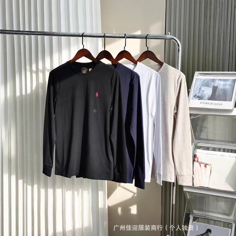 Three-Label Ralph Lauren Rl Pure Cotton Pony Logo Embroidered Solid Color Crew Neck Men's Long-Sleeve T-Shirt