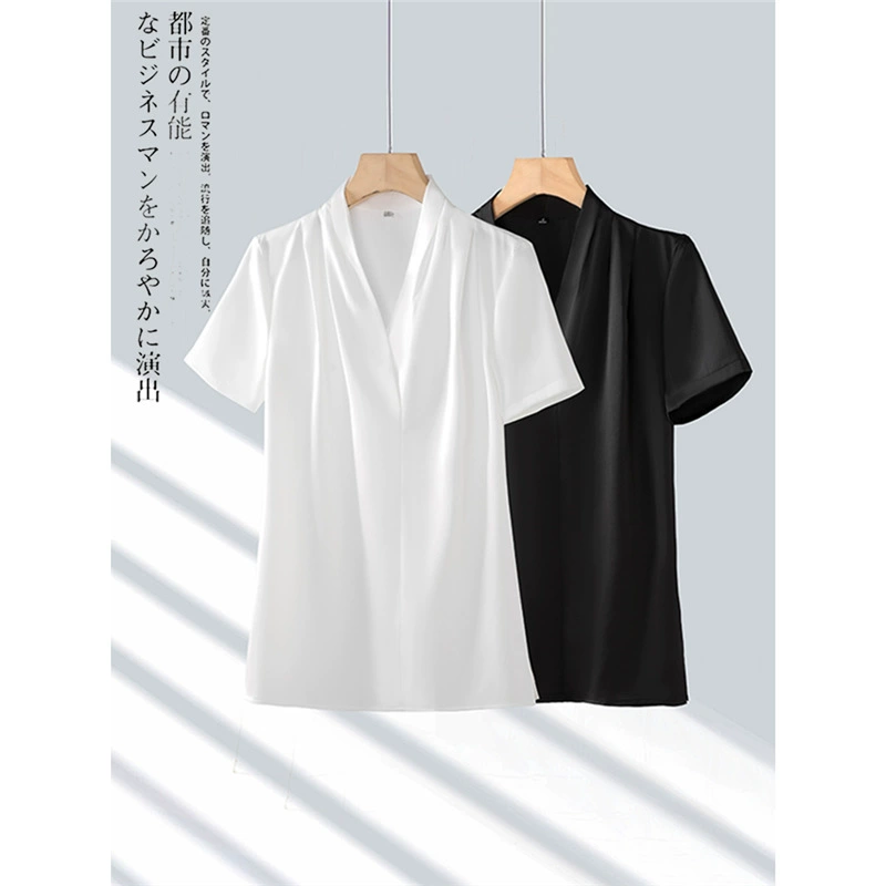 Оптовая цена бесплатная доставка Черная рубашка с V-образным вырезом женская летняя короткая рубашка с тонкими рукавами интервью на рабочем месте