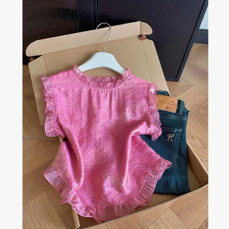 1269 French Sweet Style Sleeveless Shirt, Korean Loose-Fit Button-Back Babydoll Top in Rose Red