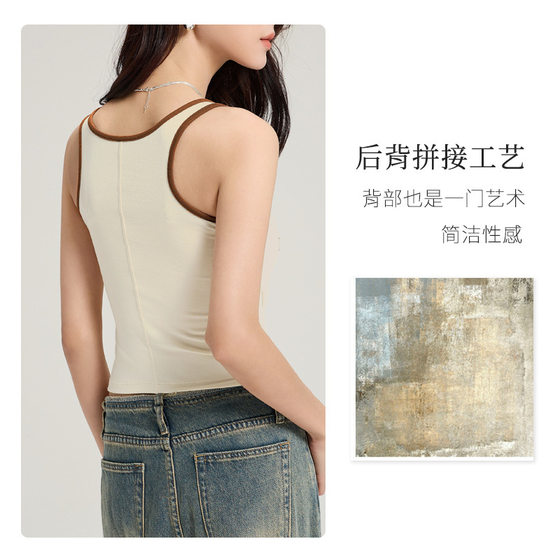 Spring and Summer Beautiful Back Bra Suspender Contrasting Color Antique Print Spaghetti Strap Vest Korean Style Slim Fit Inner Top with Breast Pads