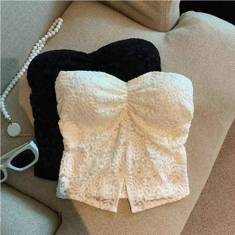 Women’s Black Lace Slit Tube Top Bustier with Built-in Chest Pads and Open Back Design — detail image 1