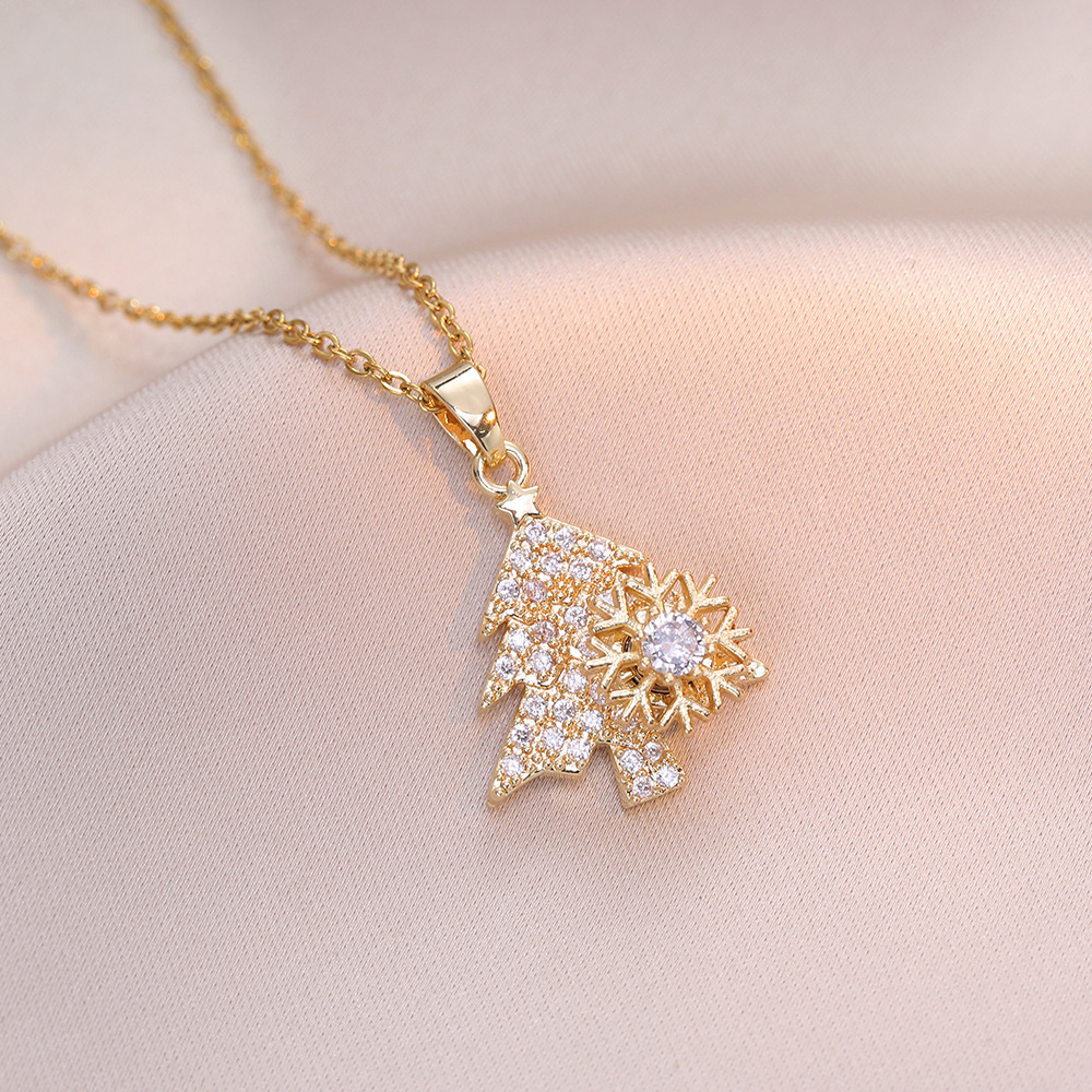 Titanium steel necklace for women rotatable snowflake Christmas tree micro inlaid with diamonds fashionable Christmas hot selling clavicle necklace_voghion.com