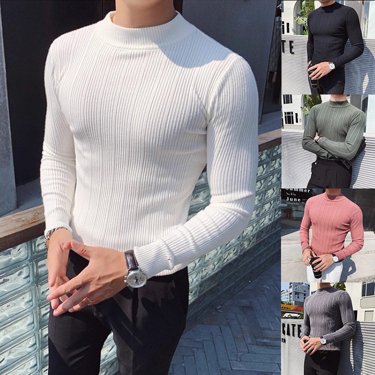 Camiseta de punto de cuello de media altura camiseta de manga larga hombre viejo dinero estilo de negocios delgado color sólido en primavera y otoño fábrica transfronteriza al por mayor