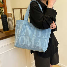 慵懒风牛仔包包女大容量复古手提帆布购物袋单肩通勤托特大包