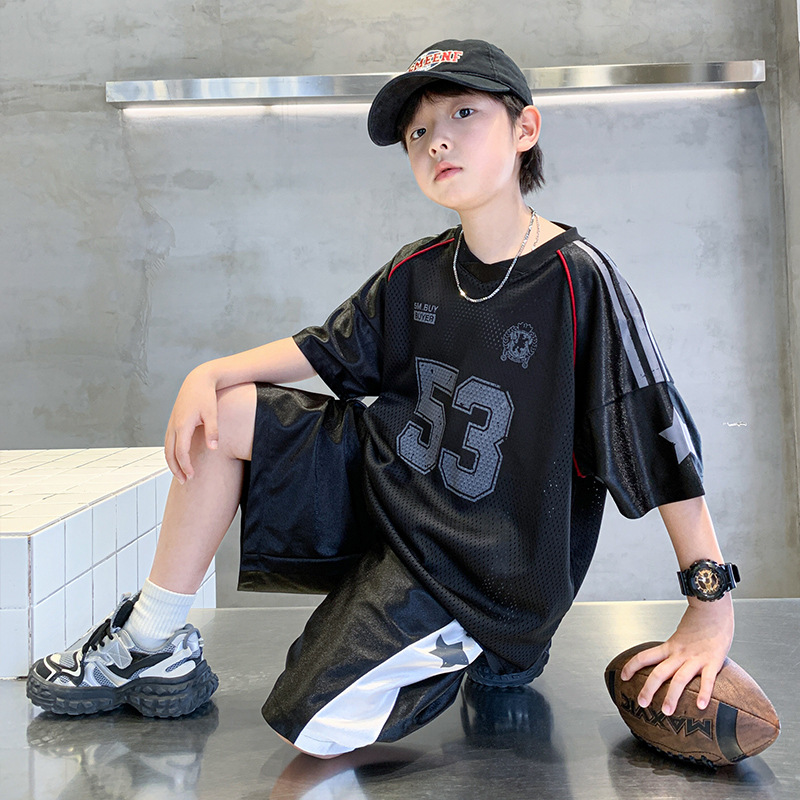Boys' Short-sleeved Sportswear Quick-drying Basketball Suit suit Large Children's Loose Trendy Cool Thin Two-piece Set Amazon