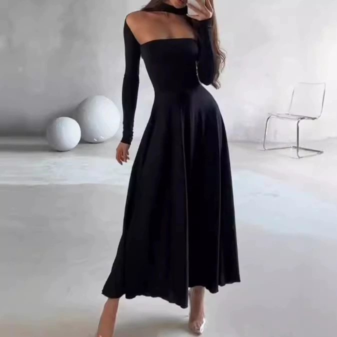 Спотовая независимая станция Amazon трансграничные горячие продажи осенью новый сплошной цвет с круглым вырезом сексуальное тонкое платье