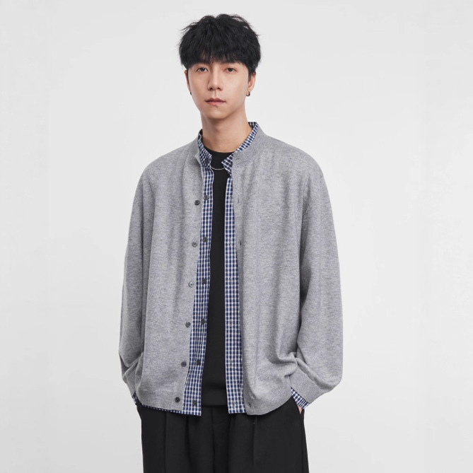 Fashion Faux Two-Piece Knitted Cardigan Sweater for Men, Spring and Autumn Plaid Patchwork High-End Cardigan Top Trendy Knitwear