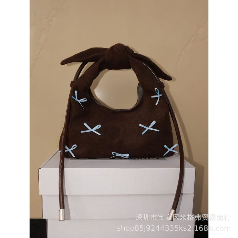 Bow Handbag Versatile Fashion Literary Commuter Triangle Bag 2025 New Autumn and Winter Woolen Brown Crossbody Bag