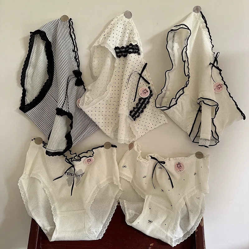 Japanese Sweet Girls' Underwear Cotton Mid-Low Waist Bow Lace Edge Cotton