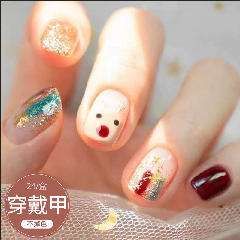 Wearing nail wholesale rainbow Christmas tree nail patch removable cartoon Christmas snowflake elk nail nail piece