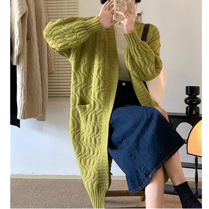 Korean V-neck solid color twisted flower lazy long sweater jacket, fashionable temperament, gentle style, soft and_voghion.com