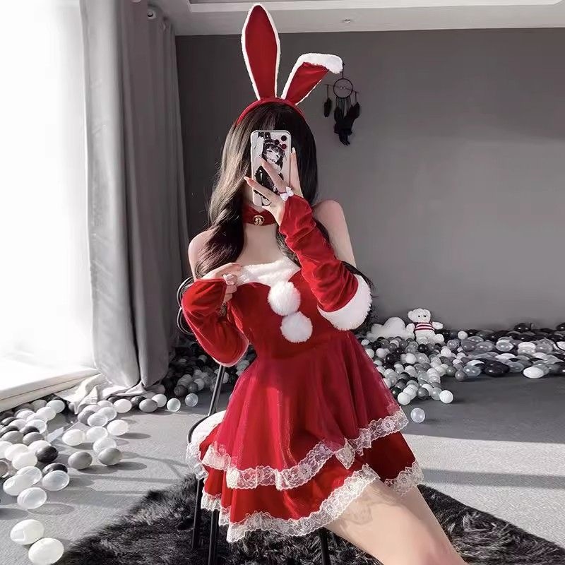 甜美圣诞节服装女装穿搭圣诞制服抹胸丝绒连衣裙子氛围感套装跨境