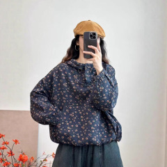 复古文艺碎花连帽棉麻卫衣女秋季新款宽松百搭抽绳下摆帽衫外套